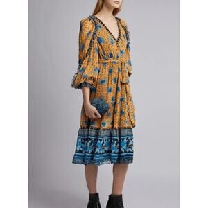 Ulla Johnson Romilly Marigold Yellow Midi Dress Silk Long Sleeve Sheer Floral 2